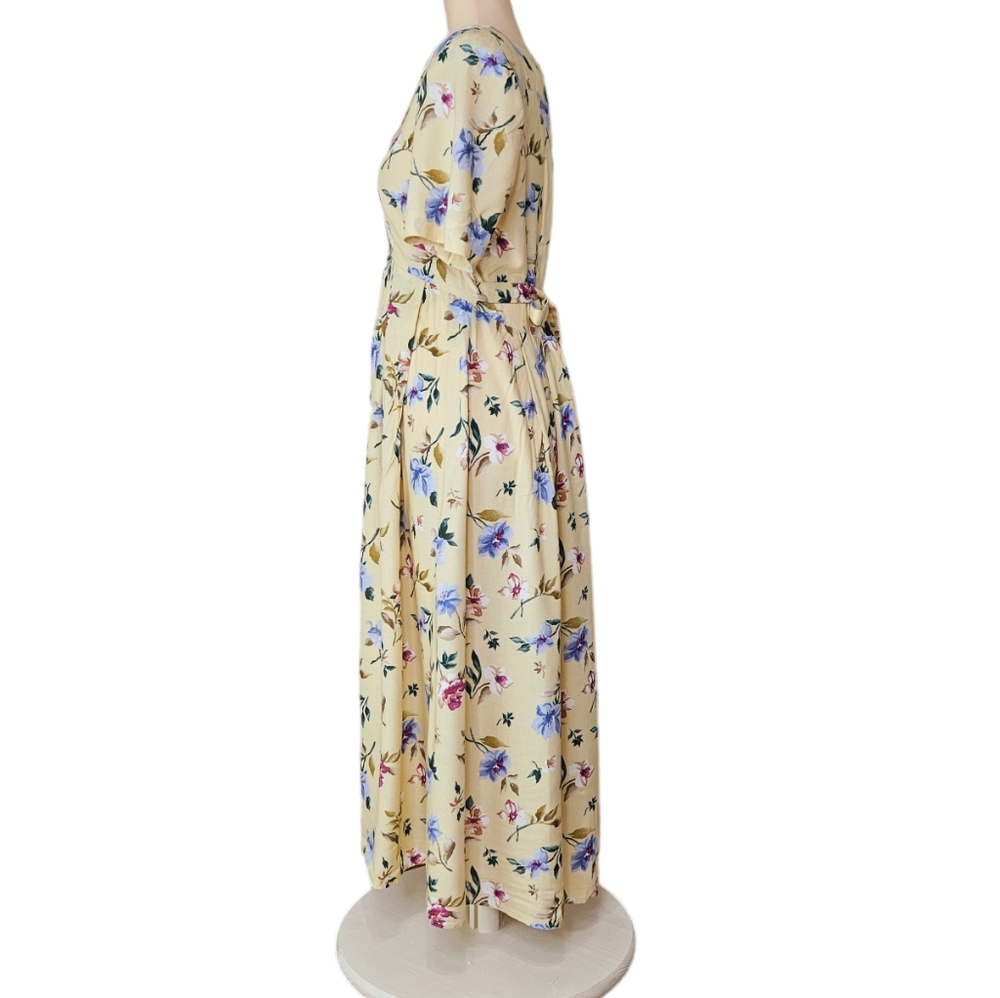 Vintage Prairie Cottagecore Floral Midi Dress Yellow Lace Collar Empire Waist 8 - Picture 4 of 13